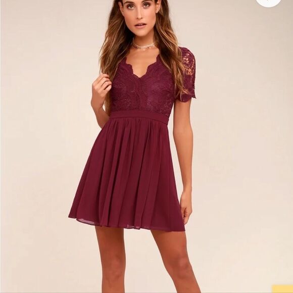 Lulu's Skater Laced Dress Women’s Size S Burgundy - Picture 1 of 13